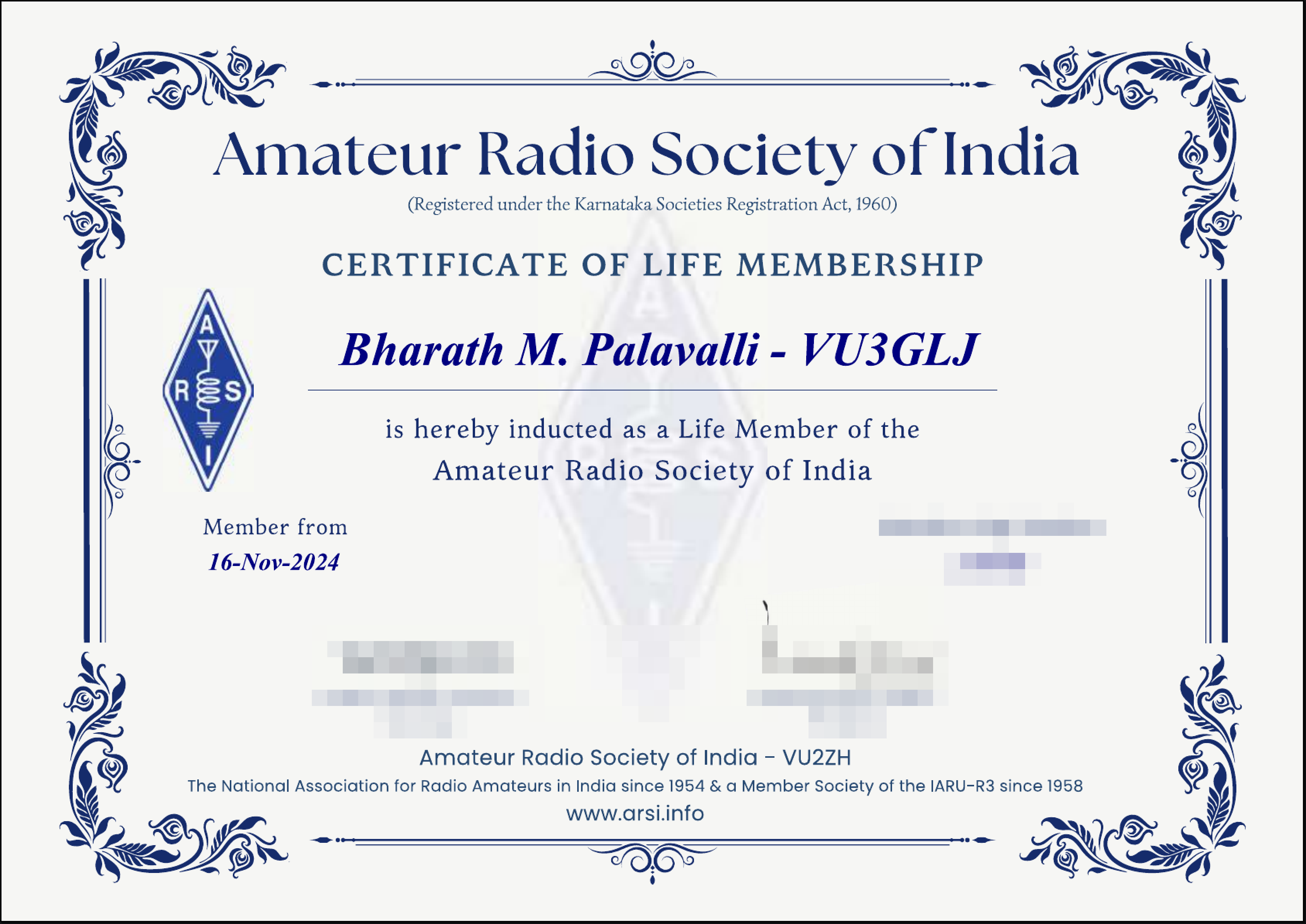 Figure 1: ARSI Membership Certificate (with the obvious obfuscation of details)