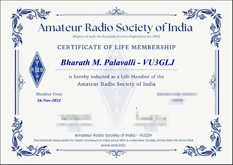 Figure 1: ARSI Membership Certificate (with the obvious obfuscation of details)