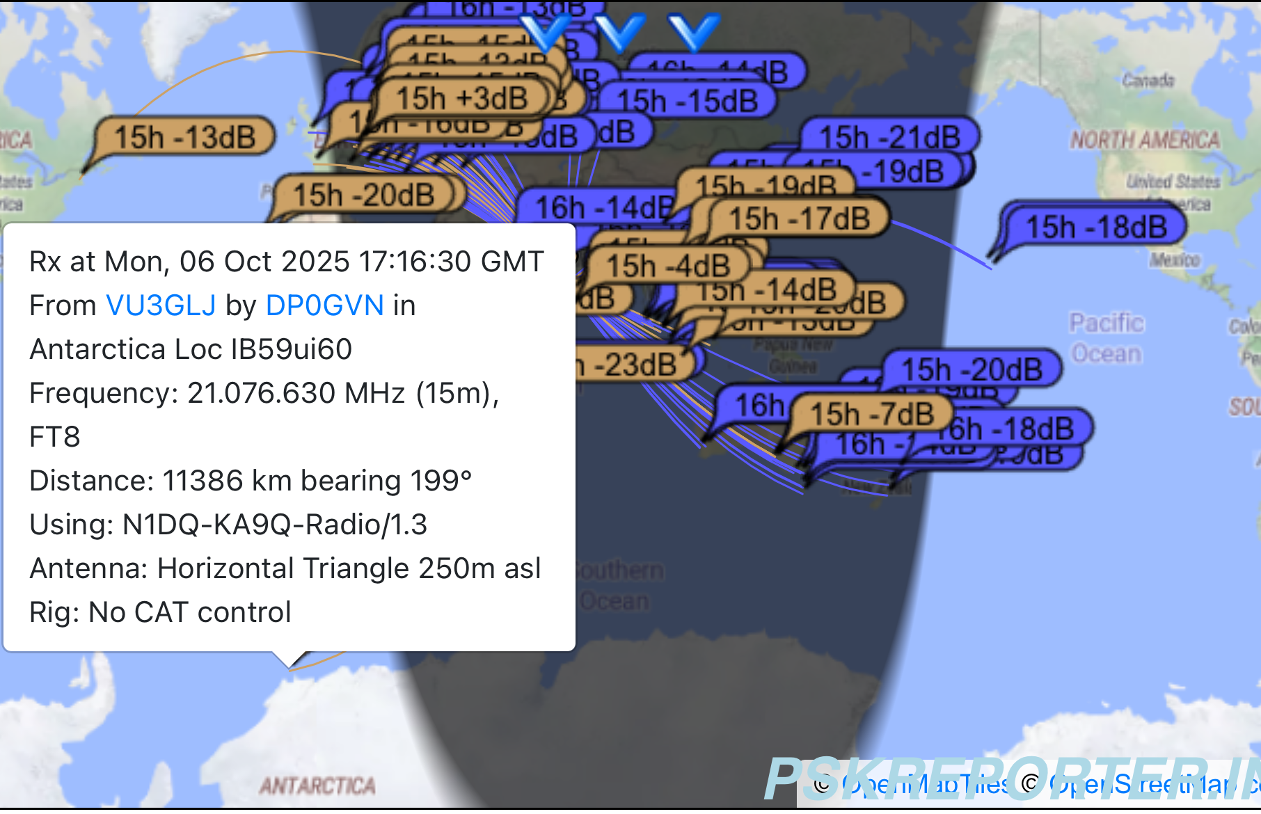 Figure 7: A screenshot from pskreporter.info showing my FT-8 propogation on different bands