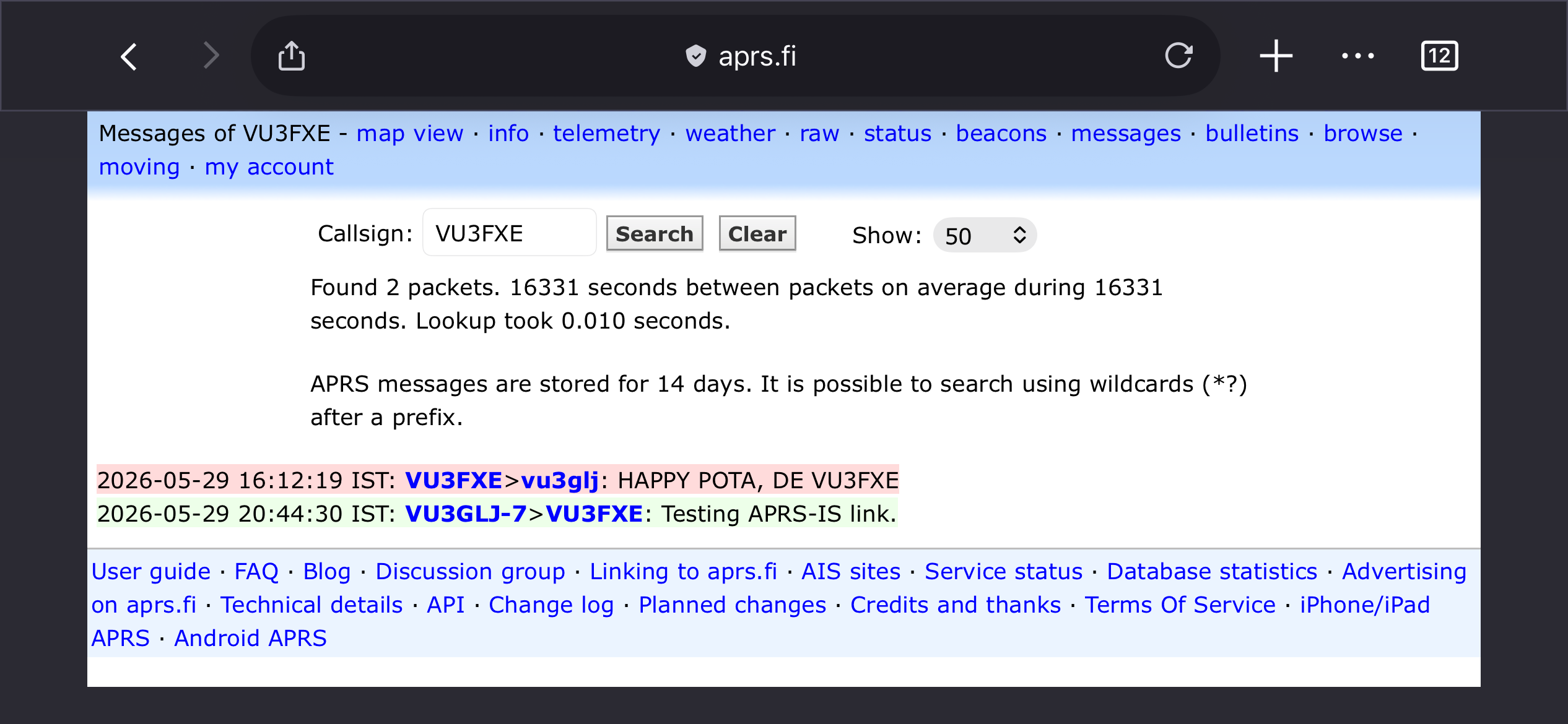 APRS messaging being tested with VU3FXE
