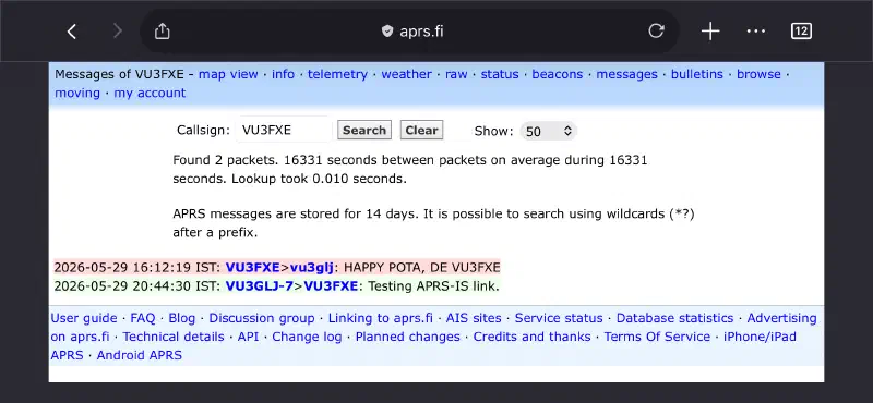 APRS messaging being tested with VU3FXE